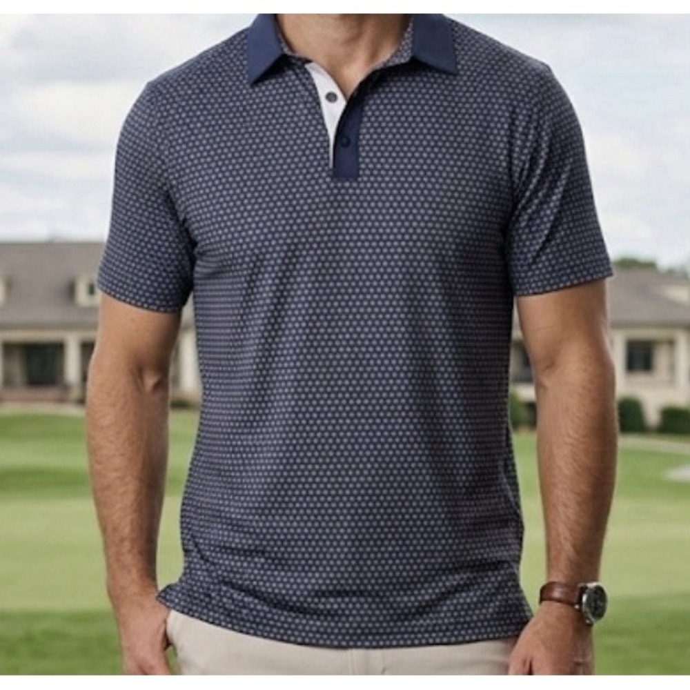 NWT 1764 Golf Graham Luxe Performance Polo Navy Blue Geometric Men's Medium